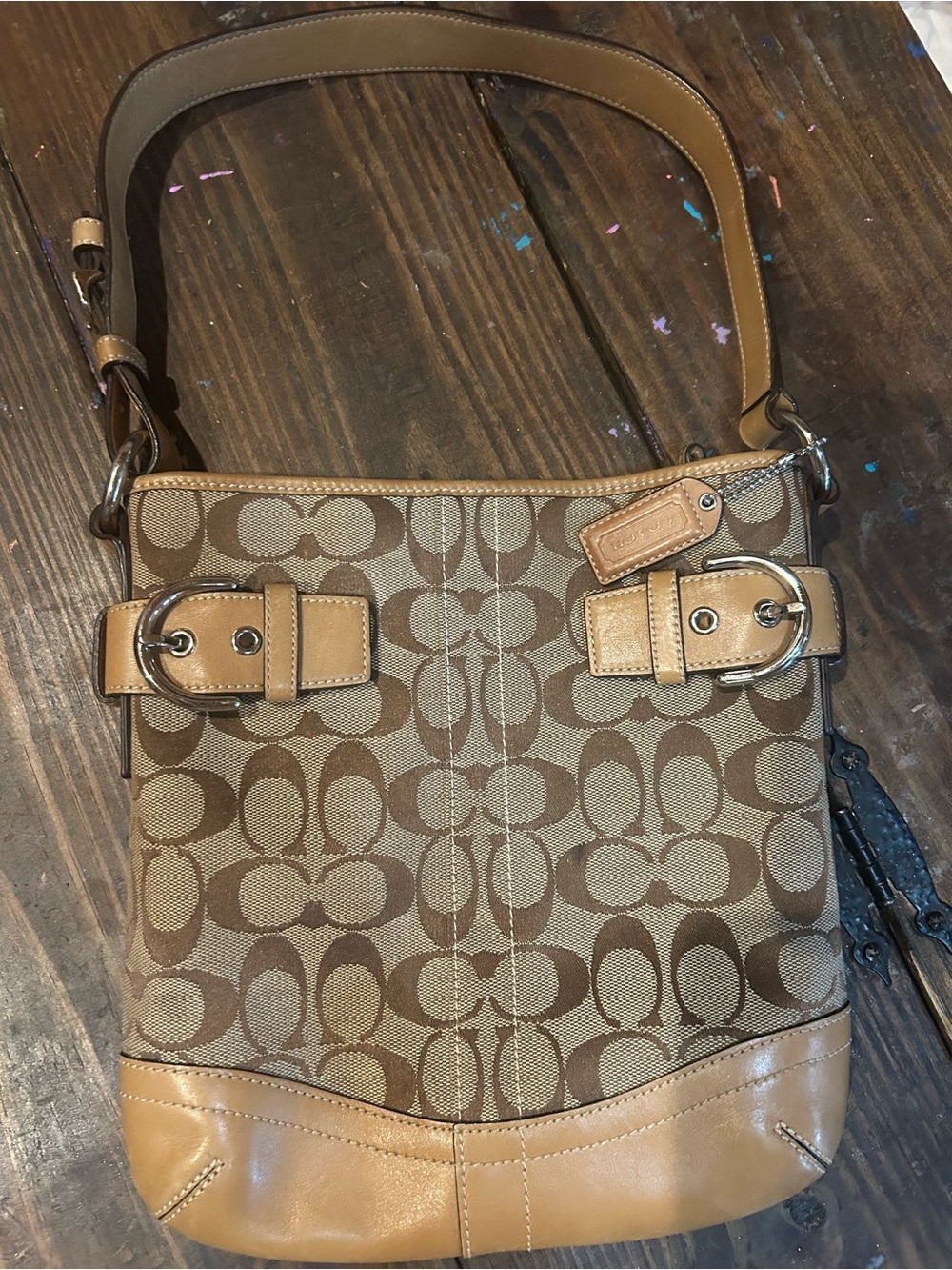 Coach Brown Signature Canvas Shoulder Bag with Leather Trim